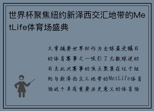 世界杯聚焦纽约新泽西交汇地带的MetLife体育场盛典