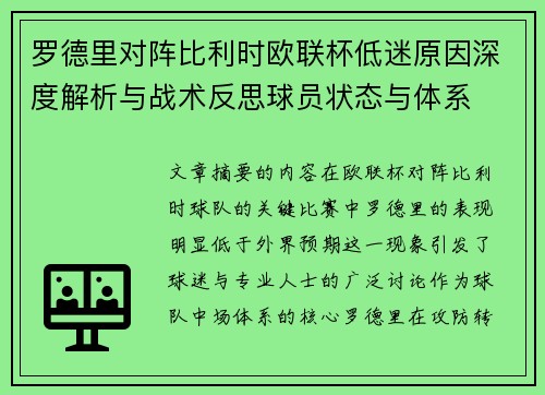 罗德里对阵比利时欧联杯低迷原因深度解析与战术反思球员状态与体系